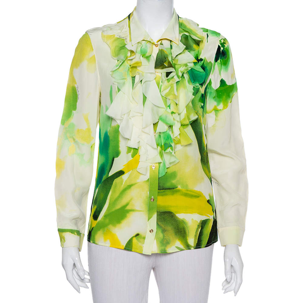 Pre Owned Roberto Cavalli Green Printed Silk Ruffled Detail Button Front Shirt M