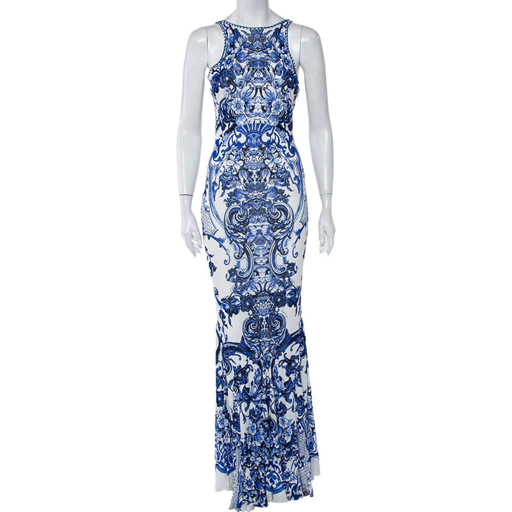 Roberto Cavalli White & Blue Printed Jersey Lace Detail Sleeveless Maxi Dress M