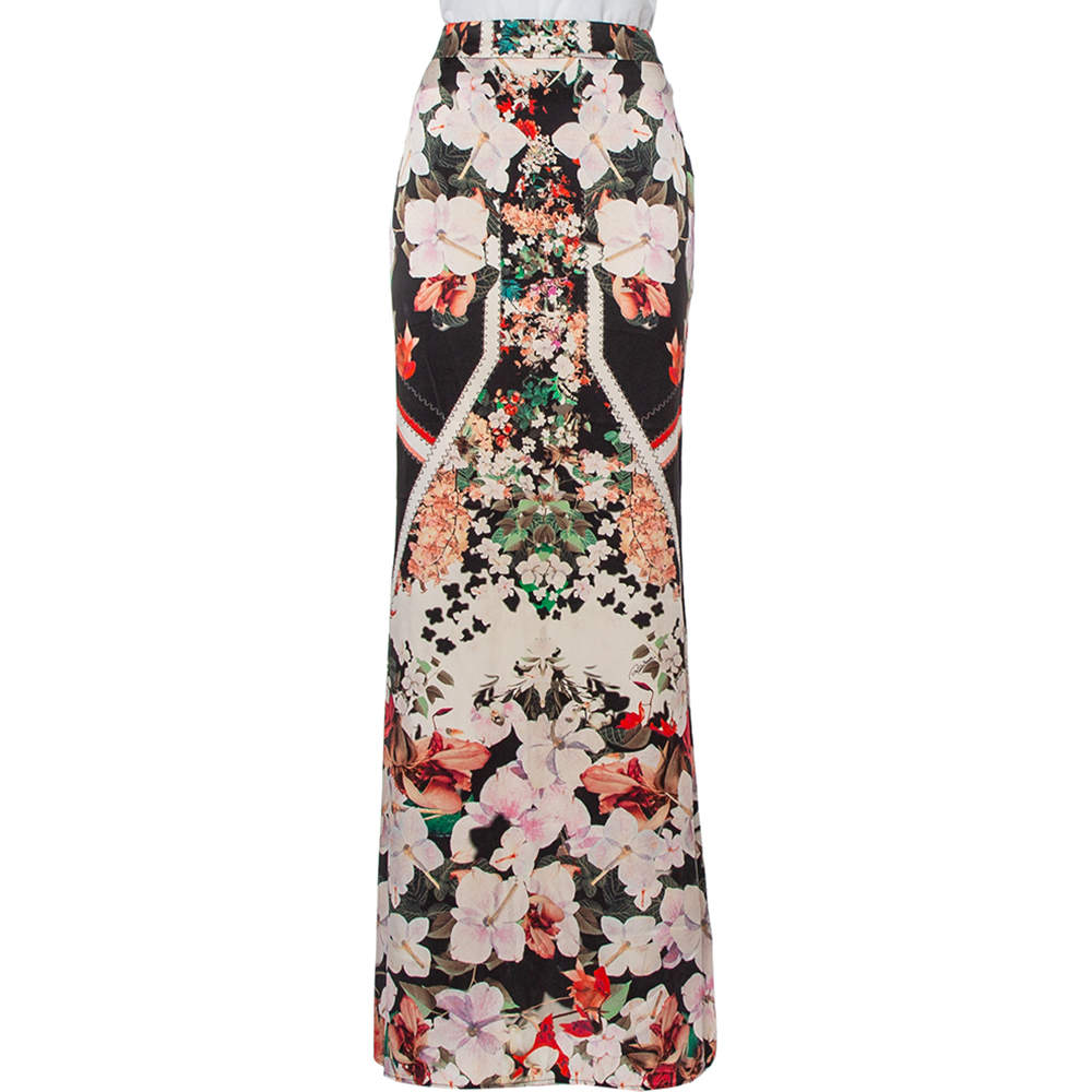 Pre Owned Roberto Cavalli Multicolor Printed Silk Satin Maxi Skirt M