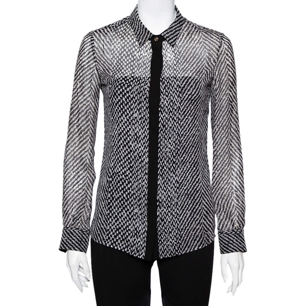 Pre Owned Roberto Cavalli Monochrome Silk Long Sleeve Sheer Blouse S