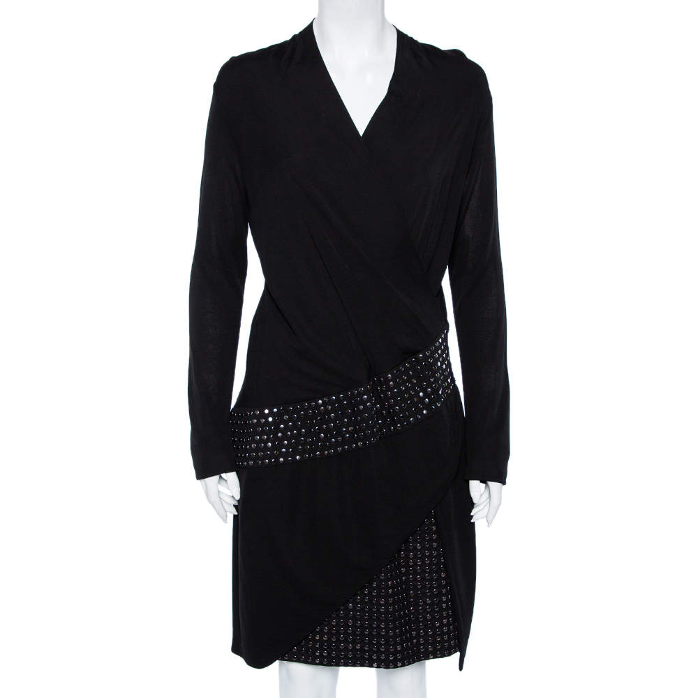 فستان روبرتو كافالي ملتف صناعي تفاصيل زخرفة معدن تريكو أسود مقاس كبير