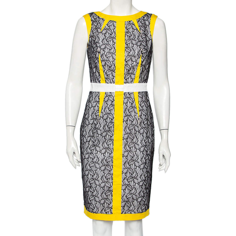 Pre Owned Cavalli Class Yellow & Black Lace Mixed Media Sleeveless Sheath Dress M