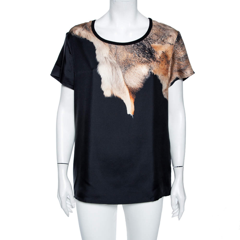 Pre Owned بلوزة روبرتو كافالي حرير أسود بنقشة جلد الفهد مقاس كبير - لارج