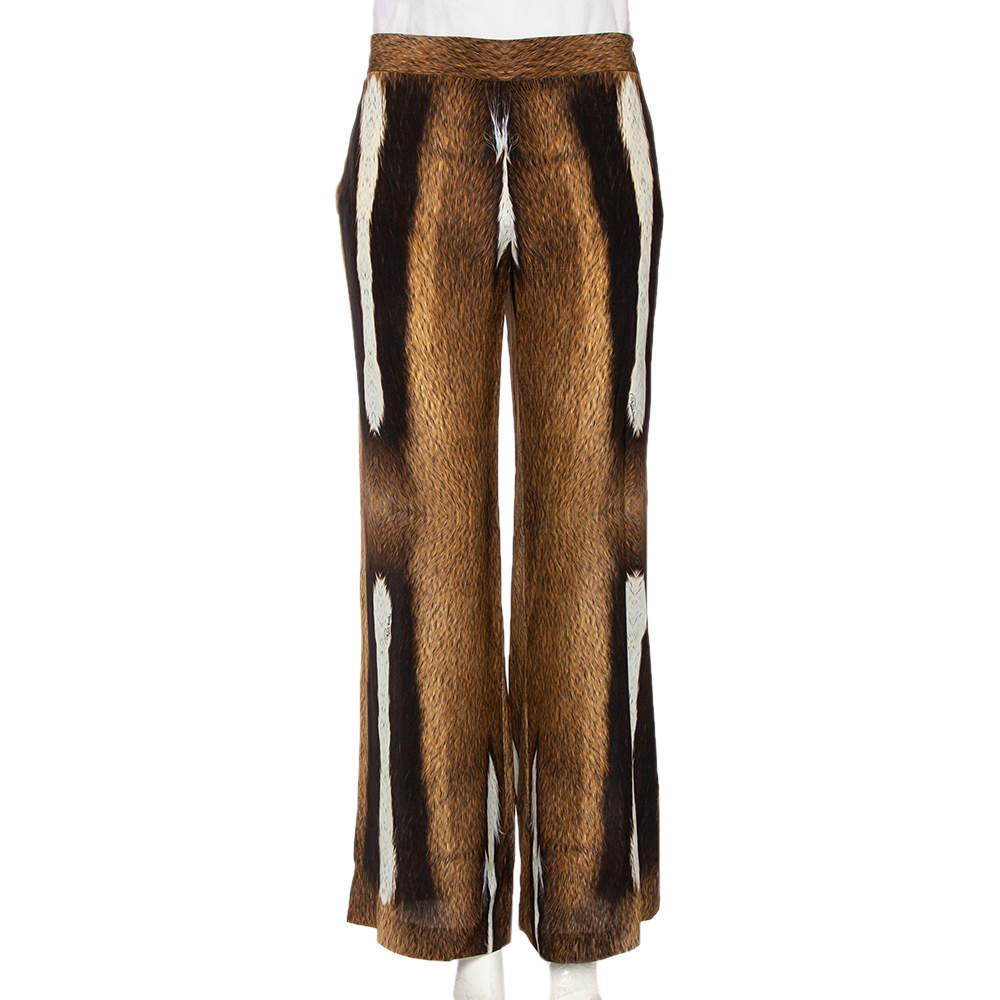 مملوكة مسبقًا بنطلون بالازو روبرتو كافالي حرير طباعة حيوان بني مقاس كبير