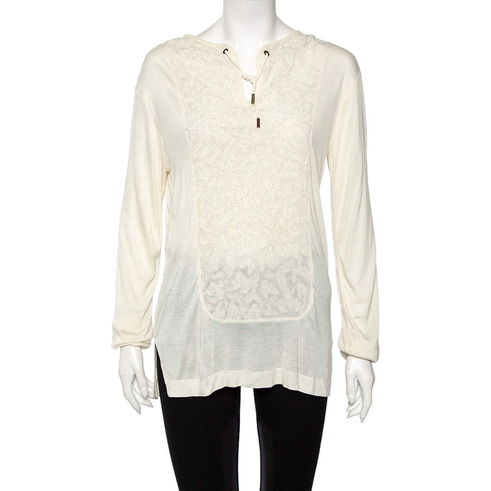Pre Owned Roberto Cavalli Cream Textured Cotton Jersey Top L 