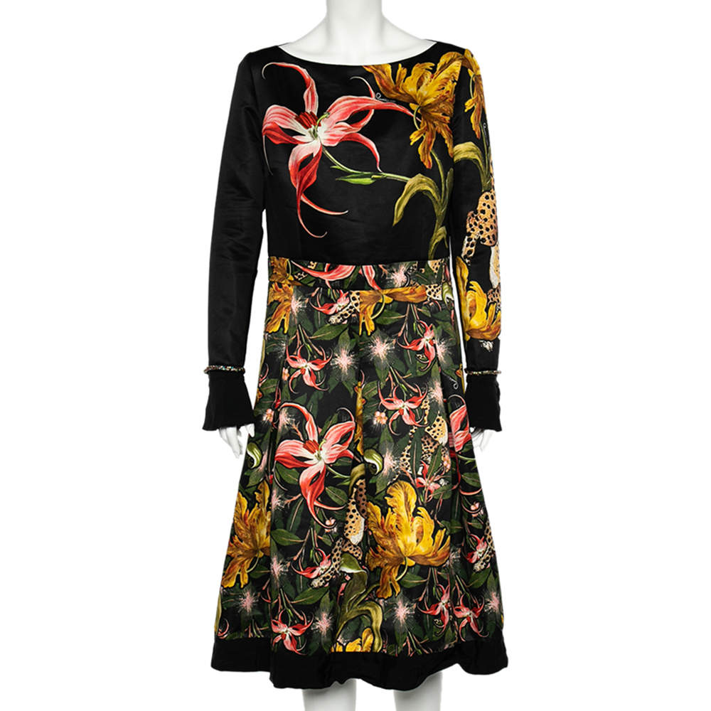 مملوكة مسبقًا Roberto Cavalli Multicolored Printed Sateen Pleated Midi Dress L