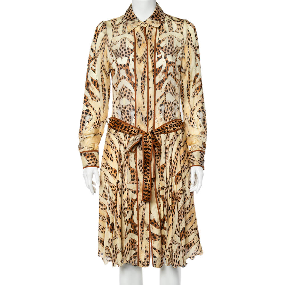 Pre Owned Roberto Cavalli Beige Leopard Print Silk Belted Dress S