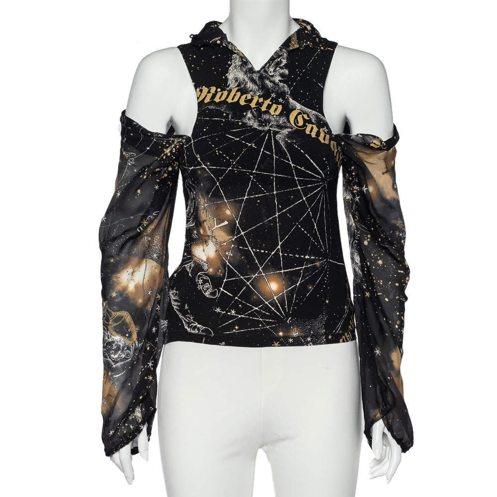 Pre Owned Roberto Cavalli Black Printed Silk Cold Shoulder Blouse M