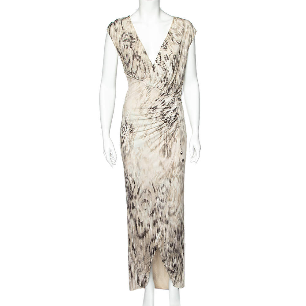 Pre Owned Roberto Cavalli Beige Printed Jersey Ruch Detail Sleeveless Maxi Dress M
