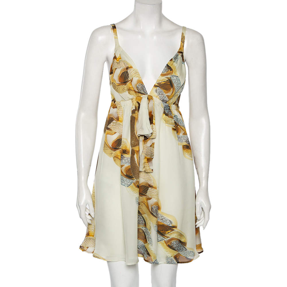 مملوكة مسبقًا Roberto Cavalli Off White Chain Printed Silk Sleeveless Mini Dress M