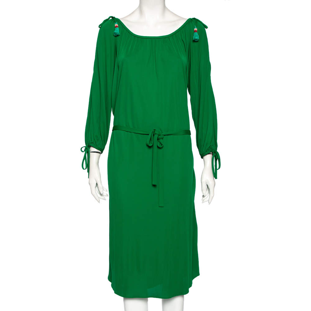 Pre Owned Roberto Cavalli Green Jersey Cold Shoulder Tassel Tie Detailed Belted Dress M