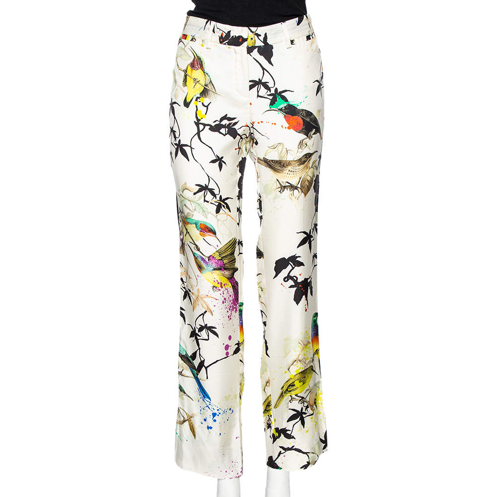 Pre Owned Roberto Cavalli Multicolored Bird Print Silk Contrast Trim Detailed Trousers M