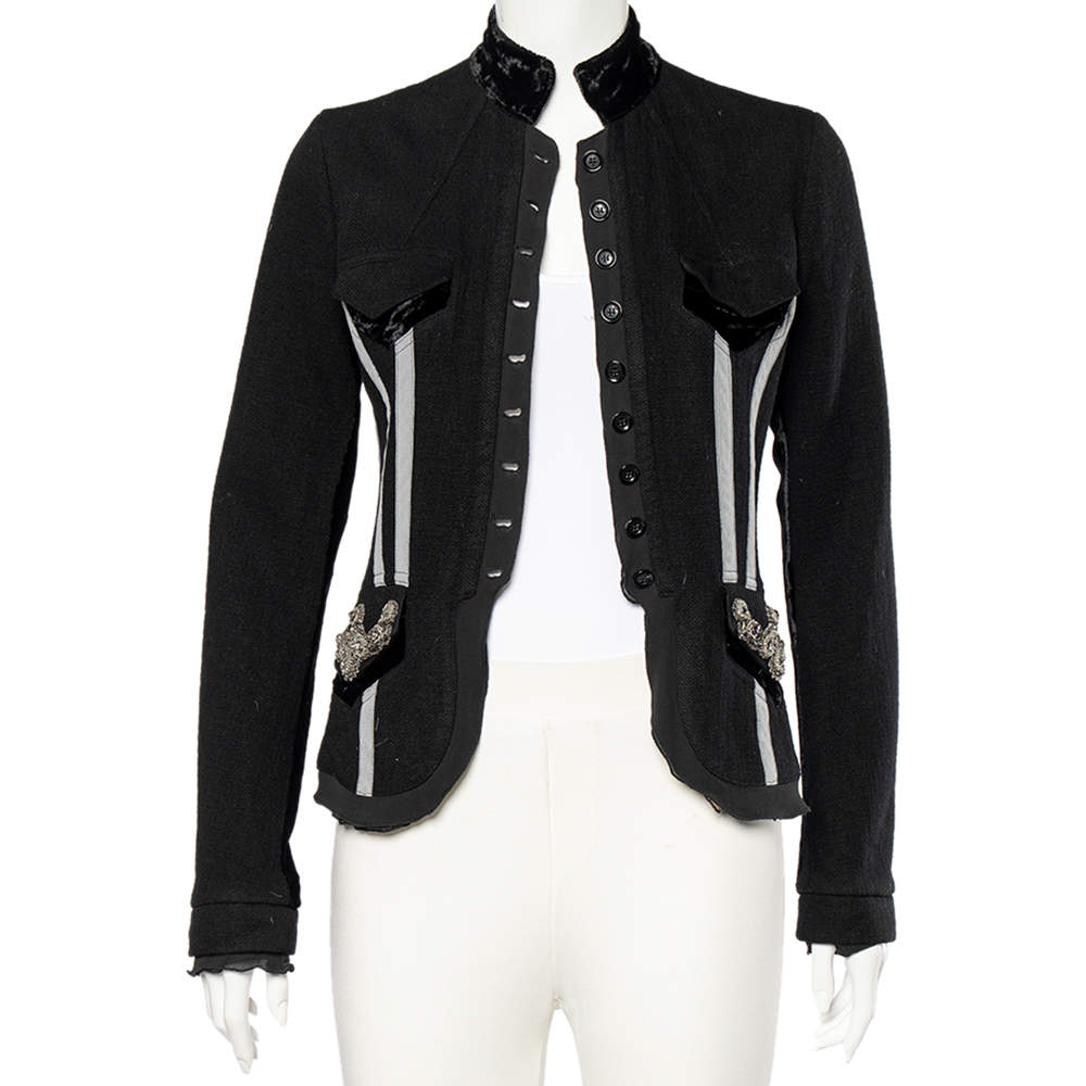مملوكة مسبقًا Roberto Cavalli Black Wool Contrast Trimmed Embellished Detailed Jacket S