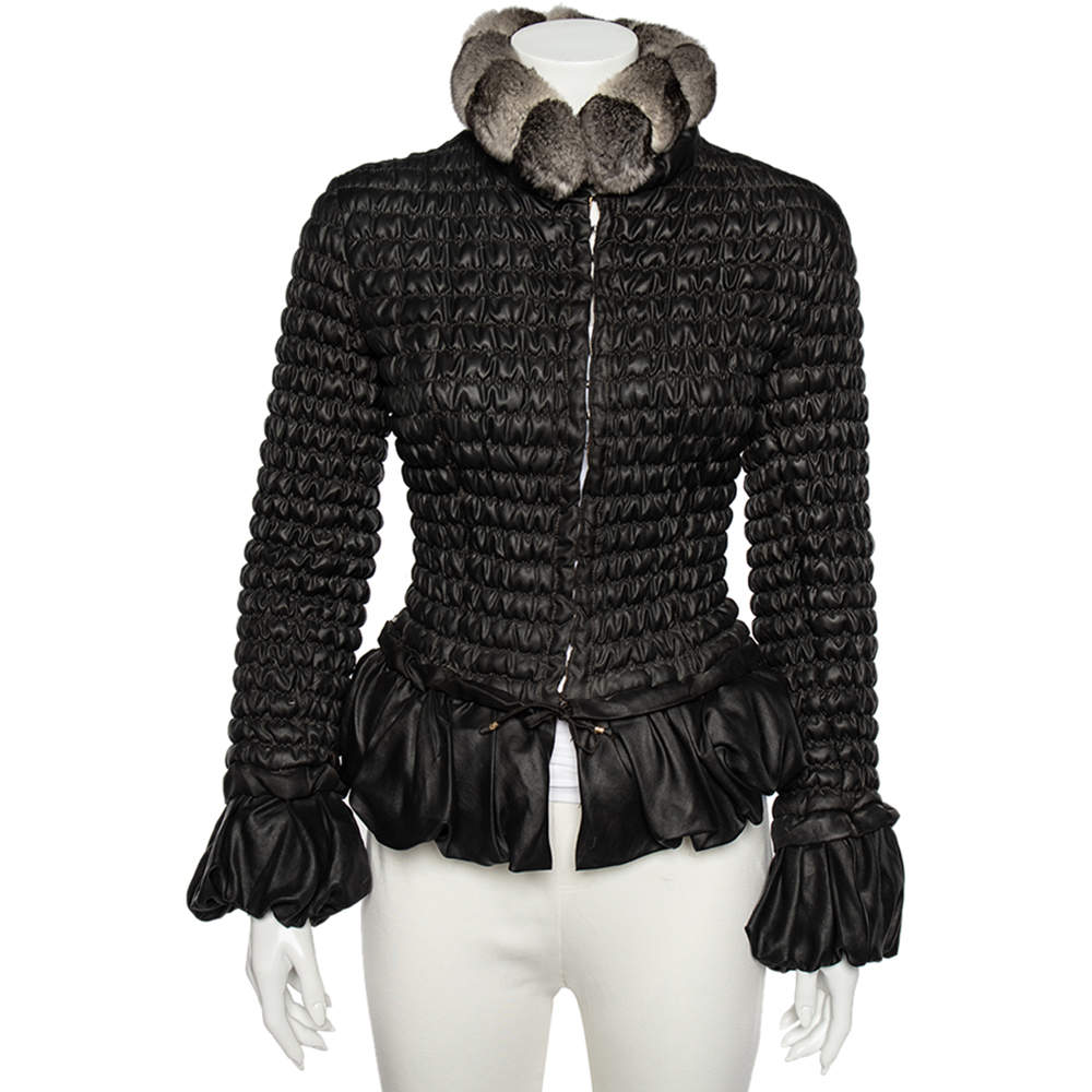 Pre Owned جاكيت روبرتو كافالي مبطن حرير أسود تفاصيل ياقة فرو مقاس صغير - سمول 