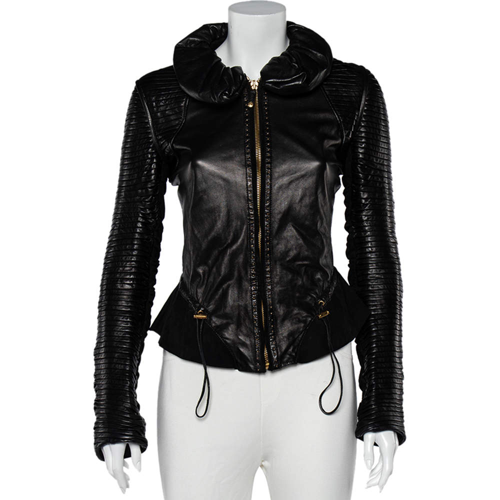 Pre Owned Roberto Cavalli Black Leather And Suede Pleated Sleeve Detail Ruffled Collar Jacket S