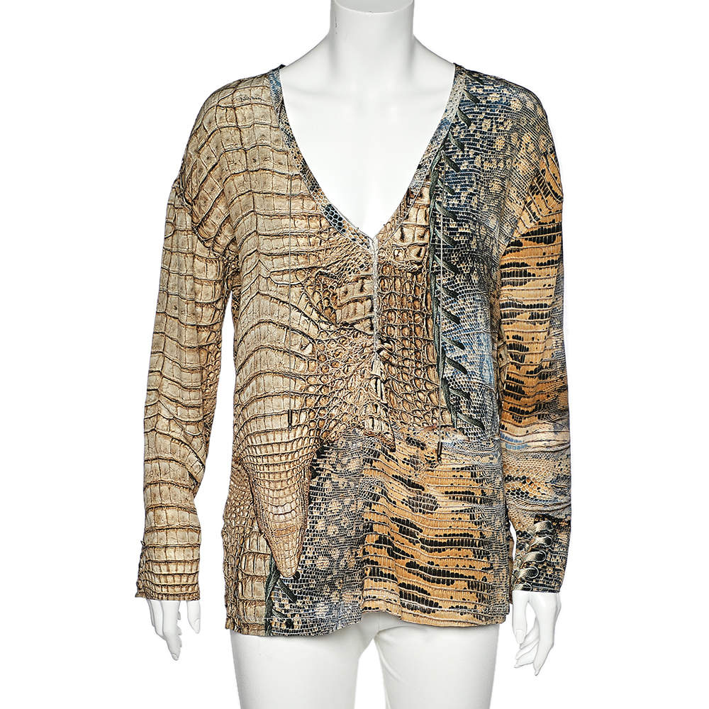 Pre Owned Roberto Cavalli Multicolor Printed Silk Lace Up Detail Top L