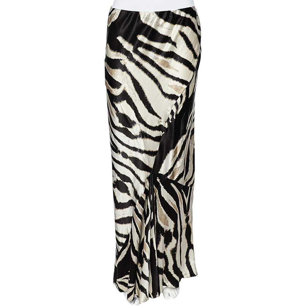 Pre Owned Roberto Cavalli Brown Animal Printed Silk Satin Asymmetric Hem Maxi Skirt M
