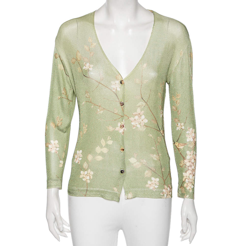 Pre Owned Roberto Cavalli Green Floral Printed Knit Button Front Cardigan L