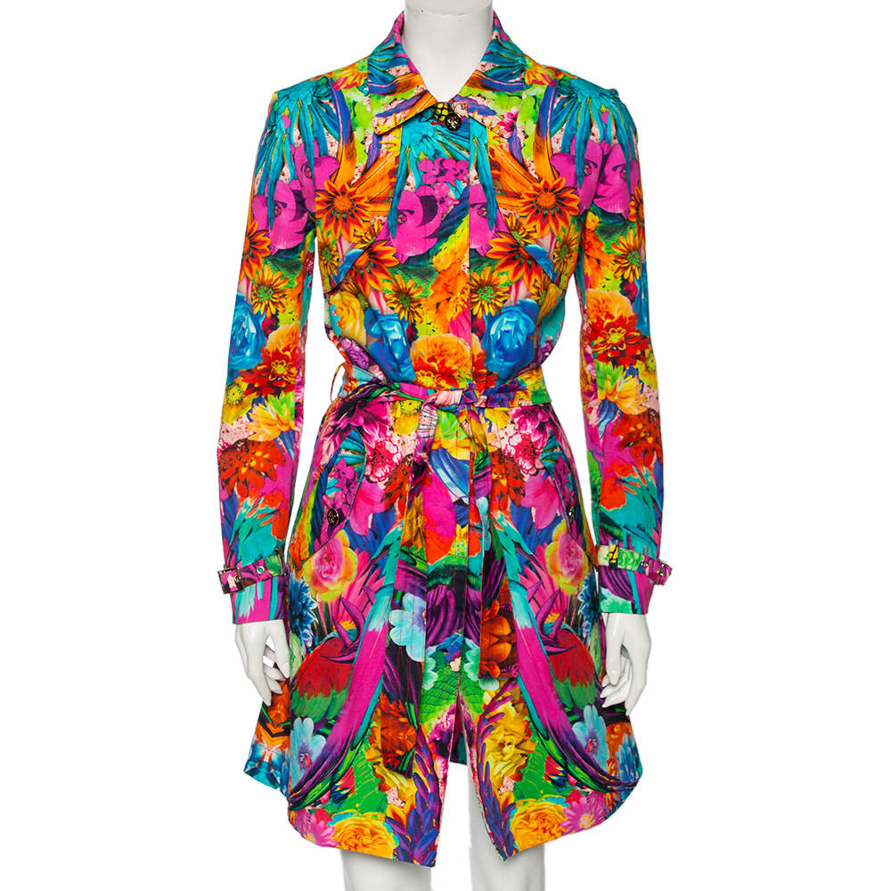 Pre Owned Roberto Cavali Multicolored Printed Cotton Belted Trench Coat M