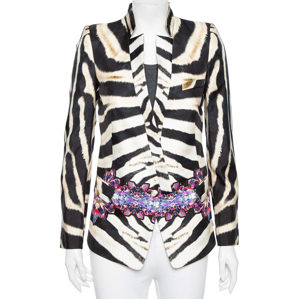 مملوكة مسبقًا جاكيت بليزر روبرتو كافالي حرير مطبوع متعدد الألوان بصف أزرار مقاس صغير - سمول