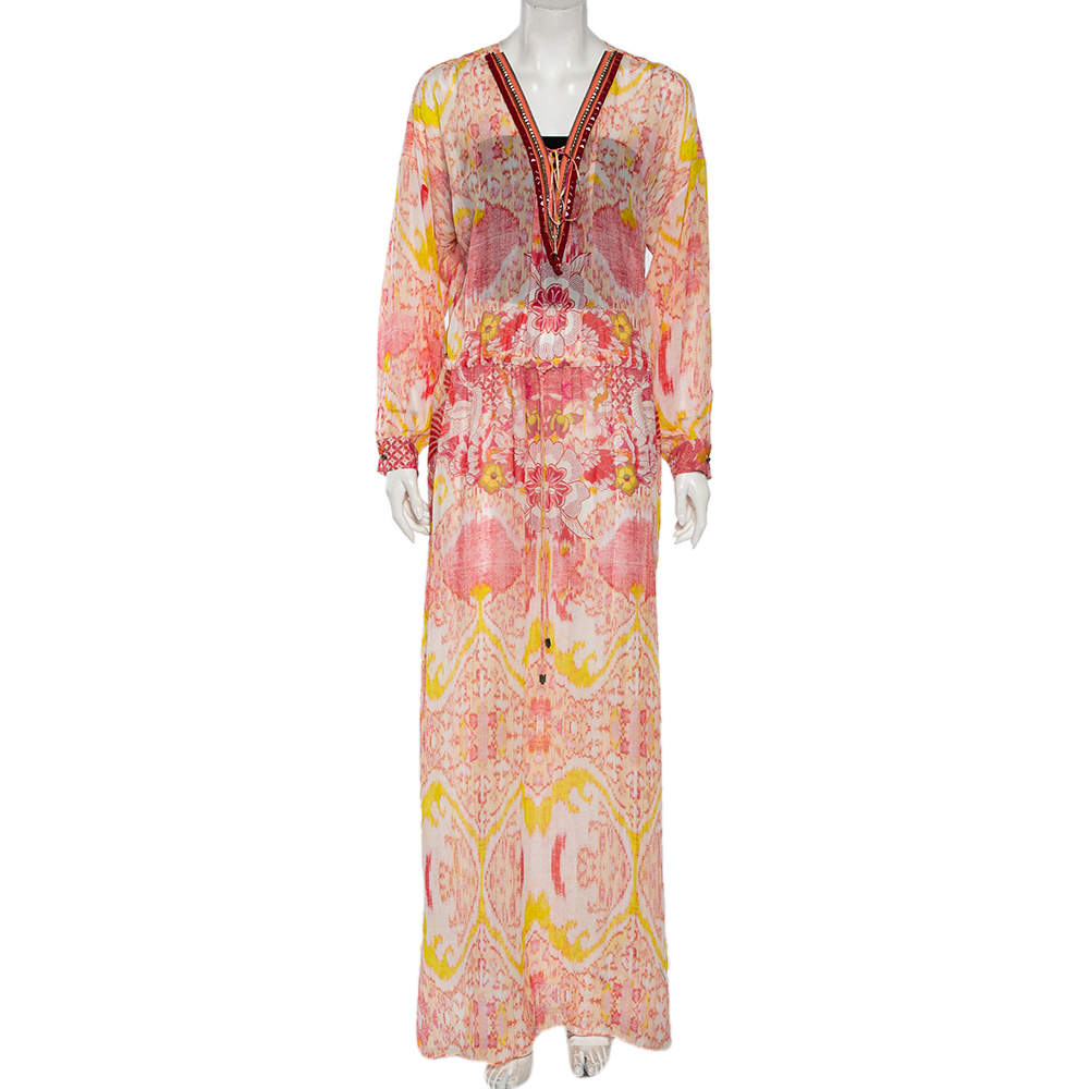 Pre Owned Roberto Cavalli Pink Printed Embellished Neck Kaftan Dress M 