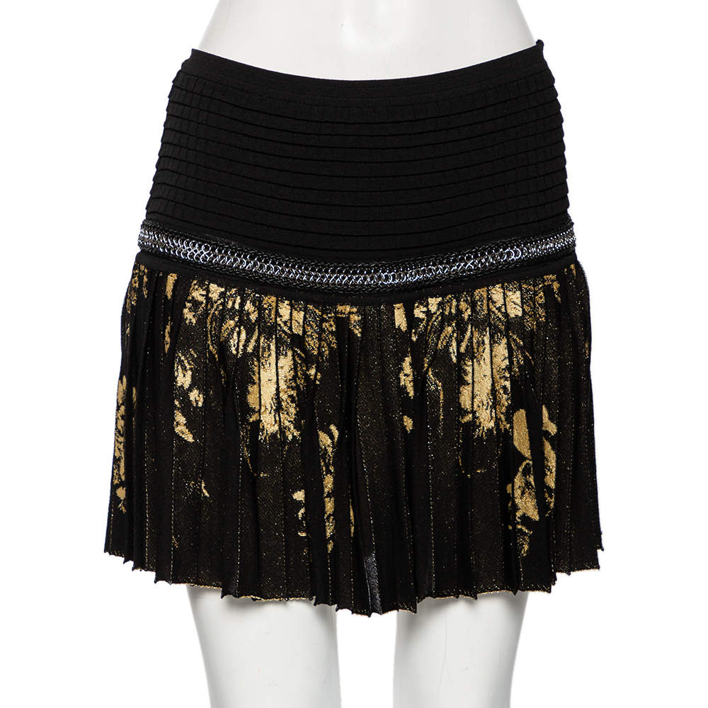 مملوكة مسبقًا Roberto Cavalli Black & Gold Lurex Knit Chain Detailed Pleated Mini Skirt M