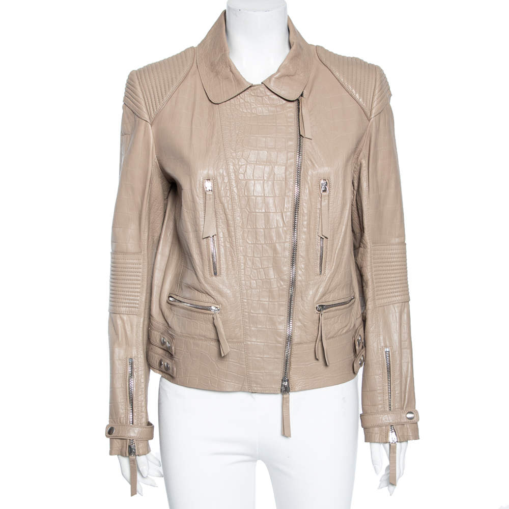 Pre Owned Roberto Cavalli Taupe Embossed Leather Zip Front Biker Jacket L
