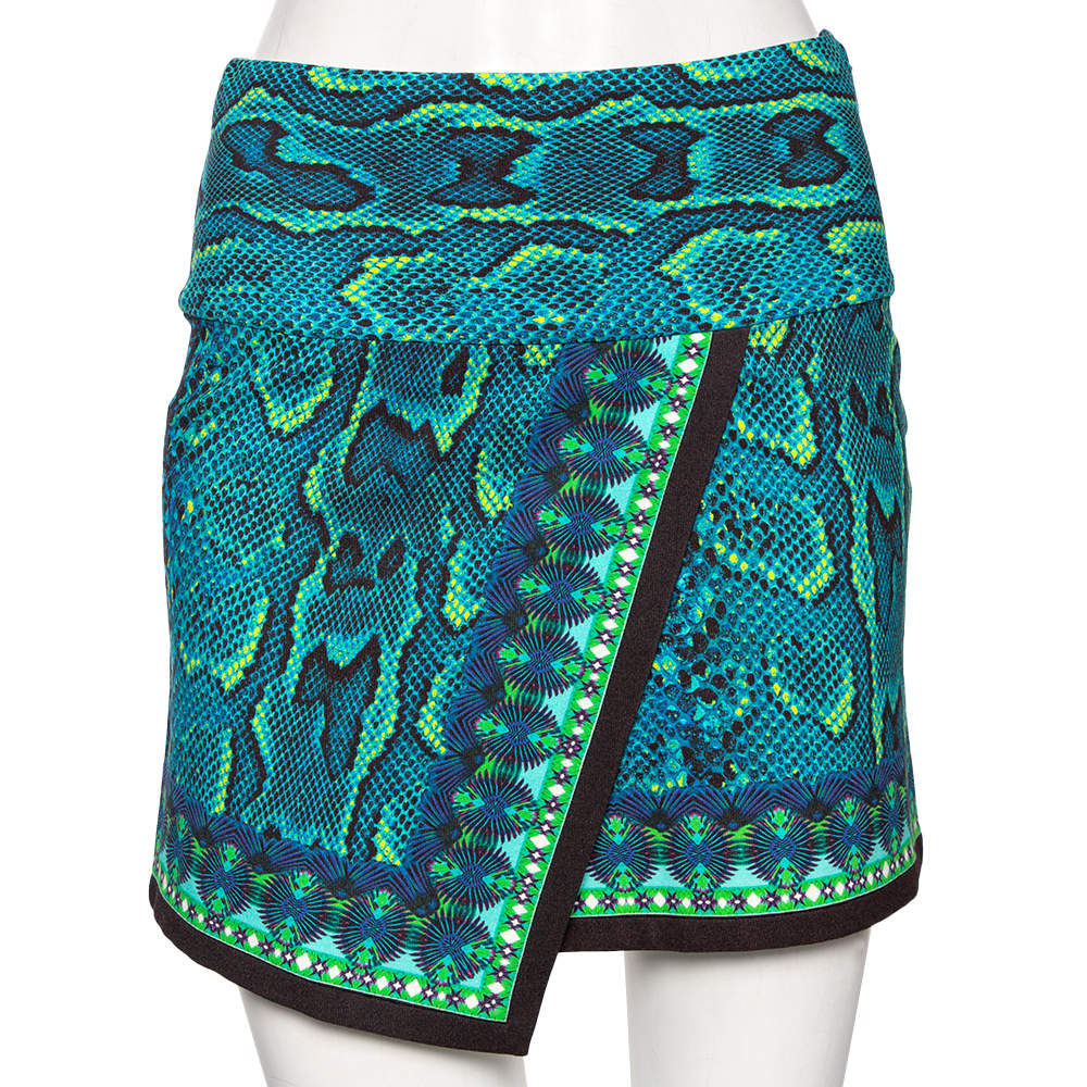 مملوكة مسبقًا Roberto Cavalli Blue Printed Jersey Asymmetric Wrap Detailed Mini Skirt S