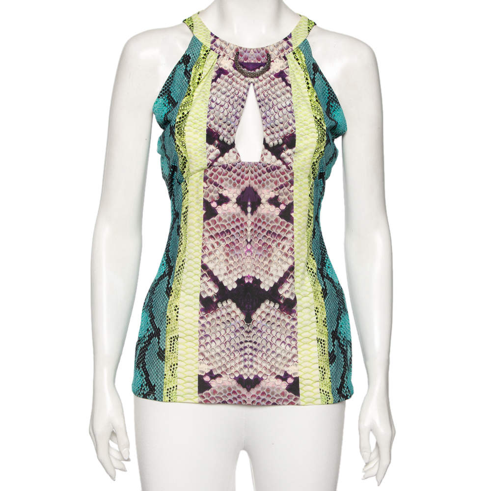 Pre Owned Roberto Cavalli Multicolored Snake Printed Jersey Top M