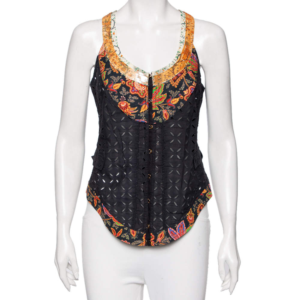 Pre Owned Roberto Cavalli Black Eyelet Cotton & Sequin Embellished Detailed Vest M 