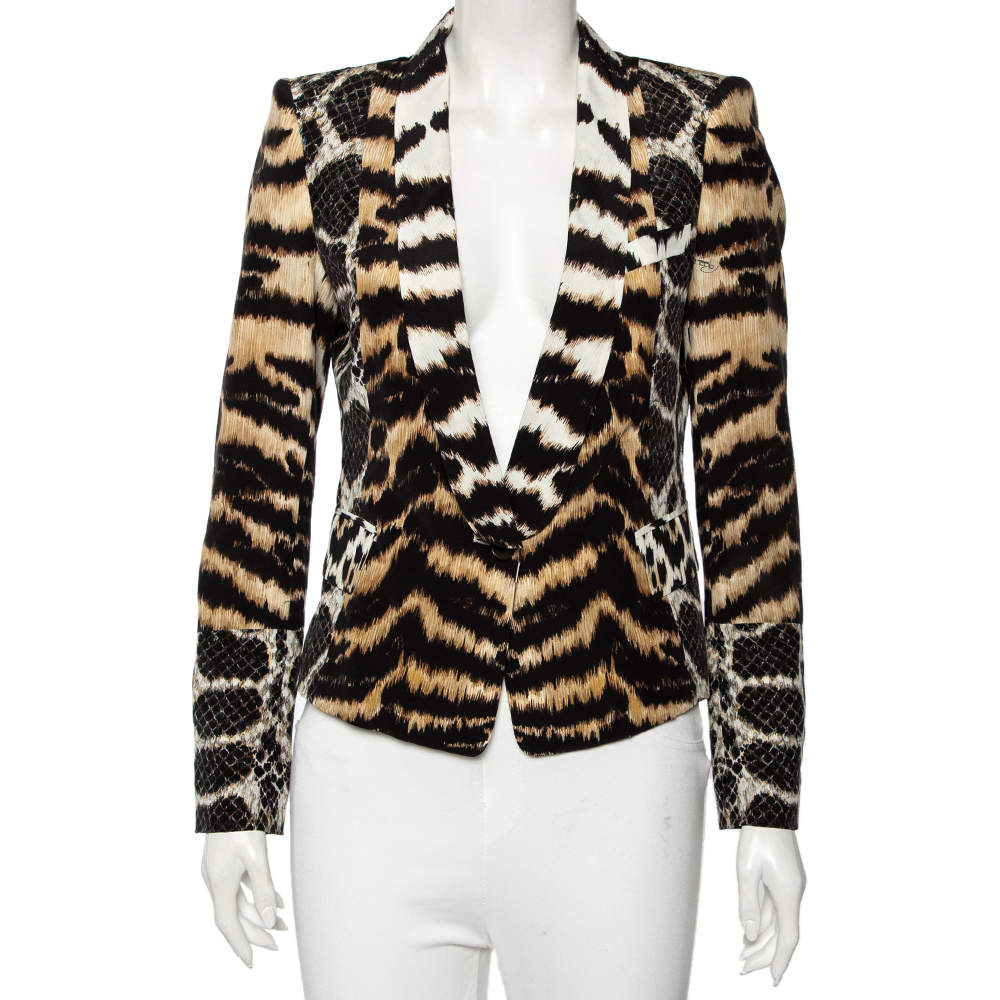 Pre Owned Roberto Cavalli Multicolored Animal & Snake Skin Print Silk Blazer M 