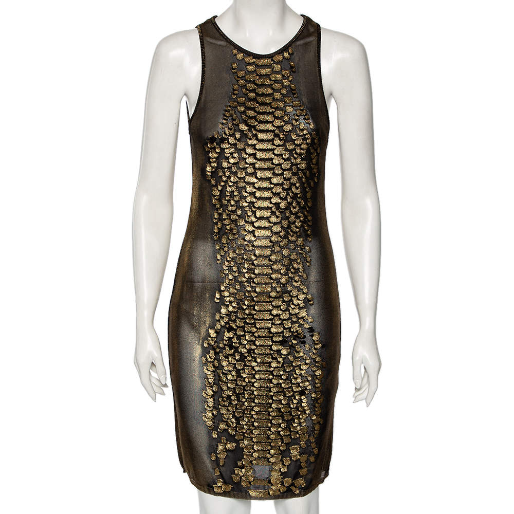 Pre Owned Roberto Cavalli Gold Scale Patterned Knit Short Dress M
