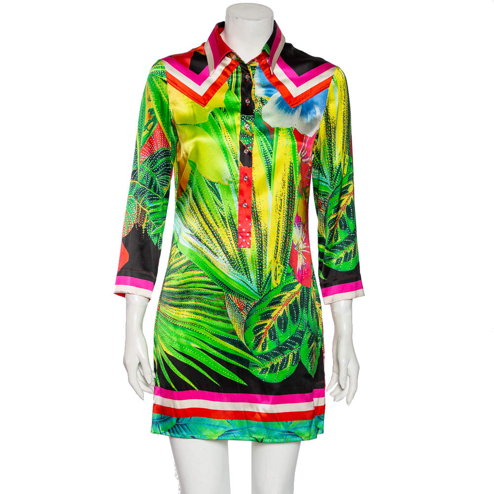 Pre Owned Roberto Cavalli Multicolor Printed Silk Shirt Dress S