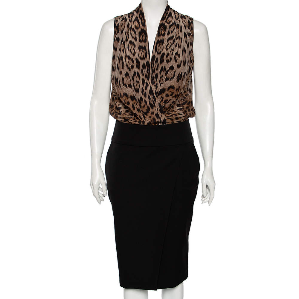 Pre Owned Roberto Cavalli Black & Animal Print Silk & Wool Sleeveless Dress M 