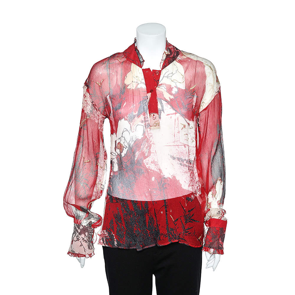 Pre Owned توب روبرتو كافالي أكمام طويلة شيفون حرير زهور أحمر مقاس متوسط