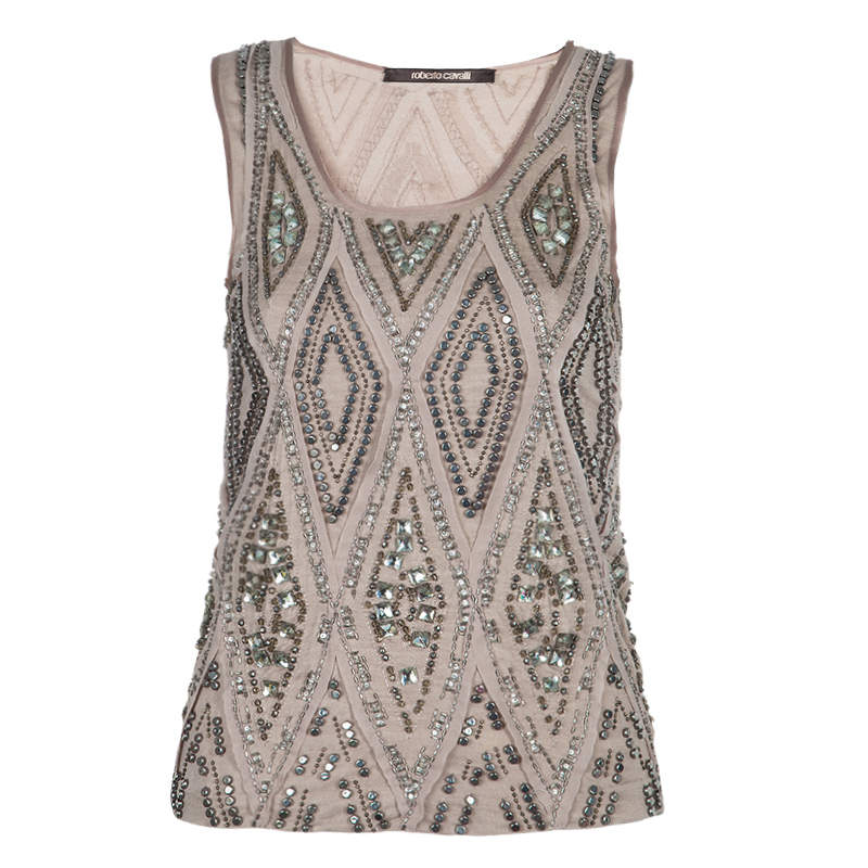 Pre Owned Roberto Cavalli Beige Embellished Sleeveless Top S