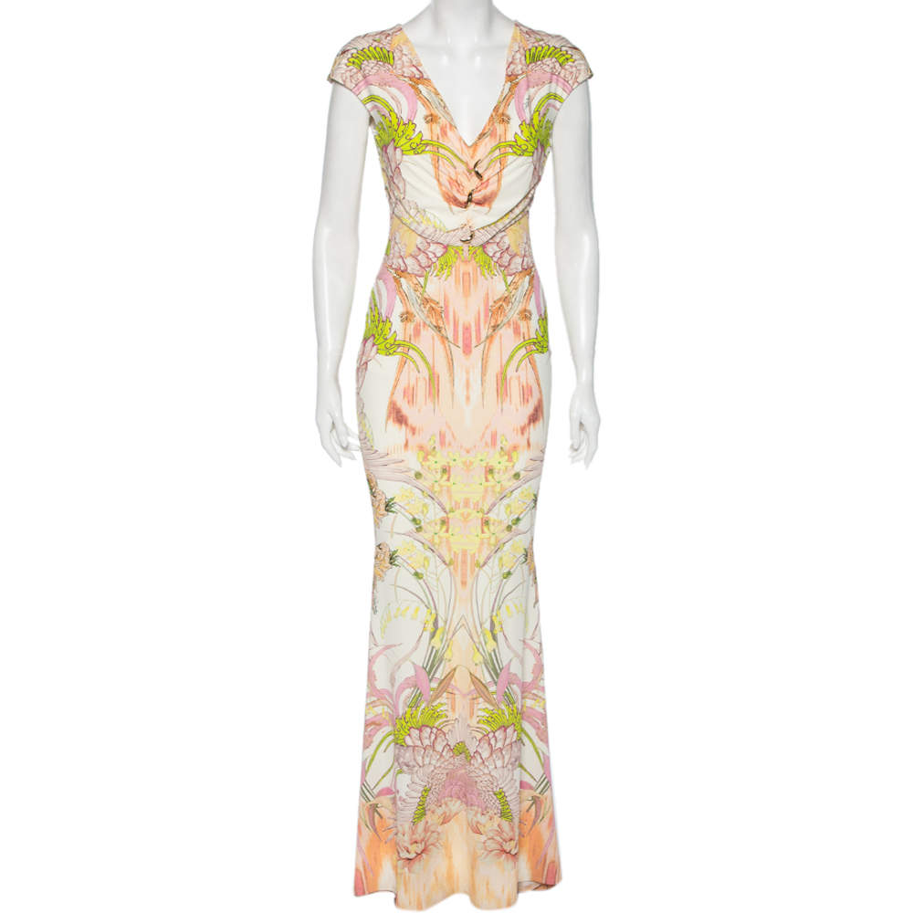 Pre Owned Roberto Cavalli Multicolored Printed Jersey Ruched Detail Maxi Dress M