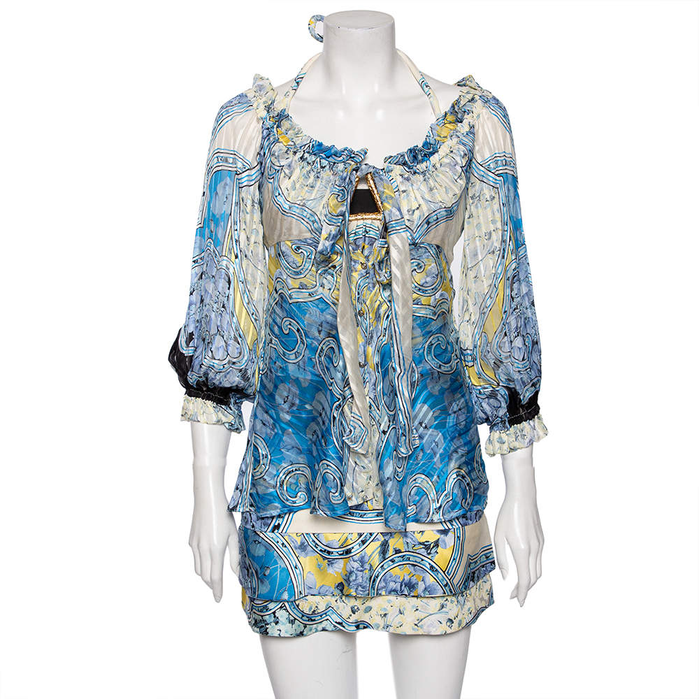 Pre Owned Roberto Cavalli Multicolored Printed Silk & Jersey Halter Neck Top, Shirt & Mini Skirt Set S