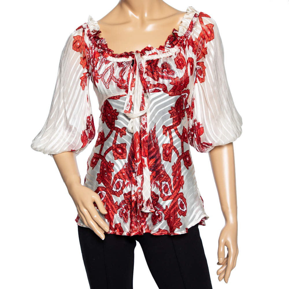 Pre Owned Roberto Cavalli Ivory & Red Printed Silk Neck Tie Detail Blouse S