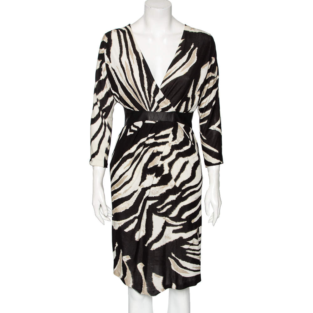 Pre Owned Roberto Cavalli Monochrome Printed Jersey & Leather Detailed Draped Dress S