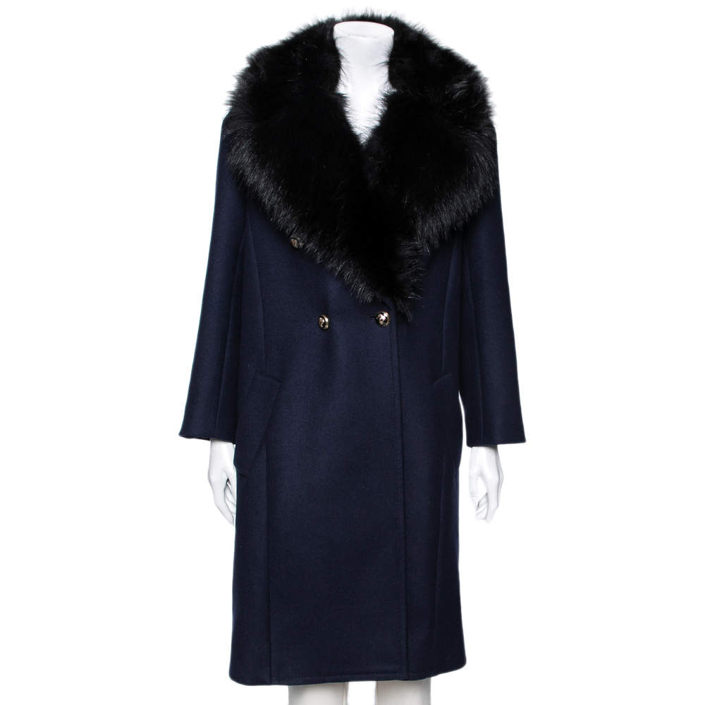 Pre Owned Roberto Cavalli Navy Blue Wool & Fur Trimmed Double Breasted Coat M
