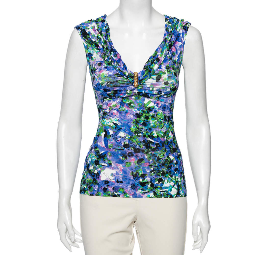 Pre Owned توب روبرتو كافالي جيرسيه مطبوع متعدد الألوان مكشكش بلا أكمام مقاس صغير - سمول