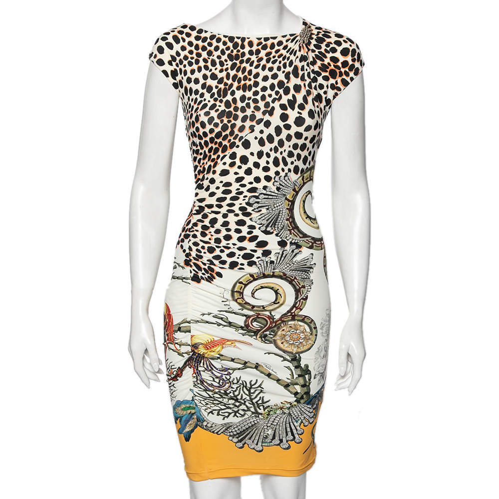 Pre Owned Roberto Cavalli Multicolored Printed Jersey Draped Sleeveless Dress S