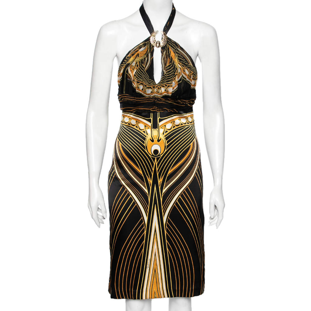 مملوكة مسبقًا فستان برقبة حمالات ميني ربوبيرتو كافاللي جيرسيه حرير مطبوع أسود مقاس وسط - ميديوم