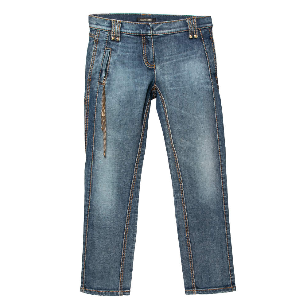 مملوكة مسبقًا Roberto Cavalli Blue Denim Chain Detail Jeans S