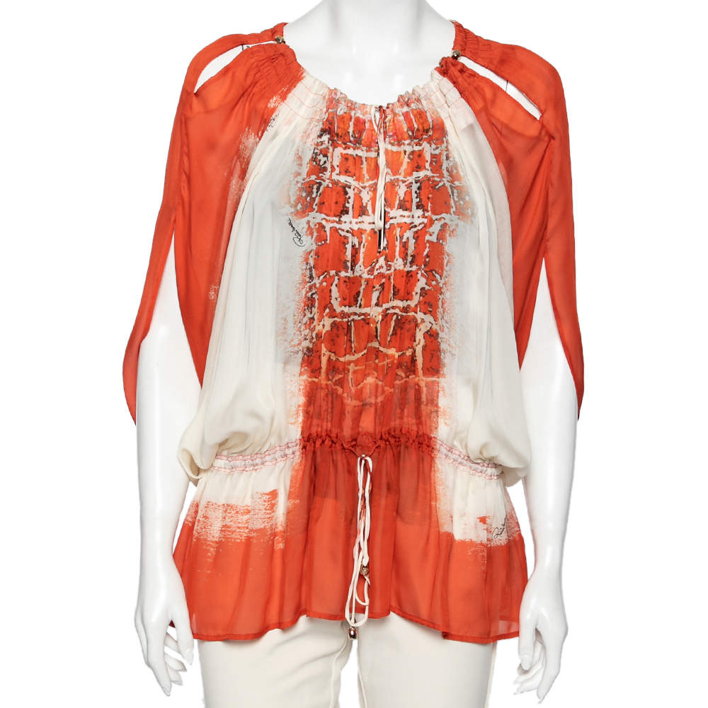 Pre Owned Roberto Cavalli Orange & White Printed Silk Drawstring Detail Kaftan Blouse S