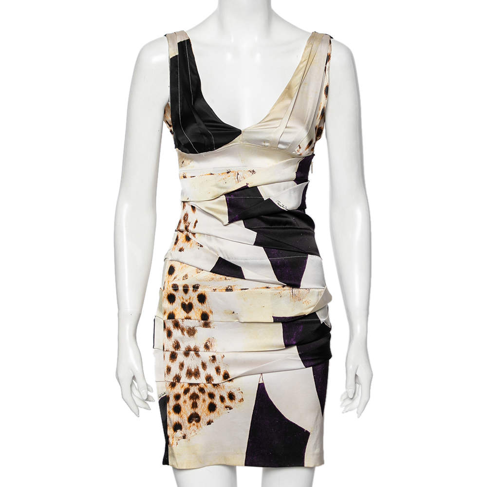 Pre Owned Roberto Cavalli Multicolored Printed Silk Tiered Sleeveless Dress M