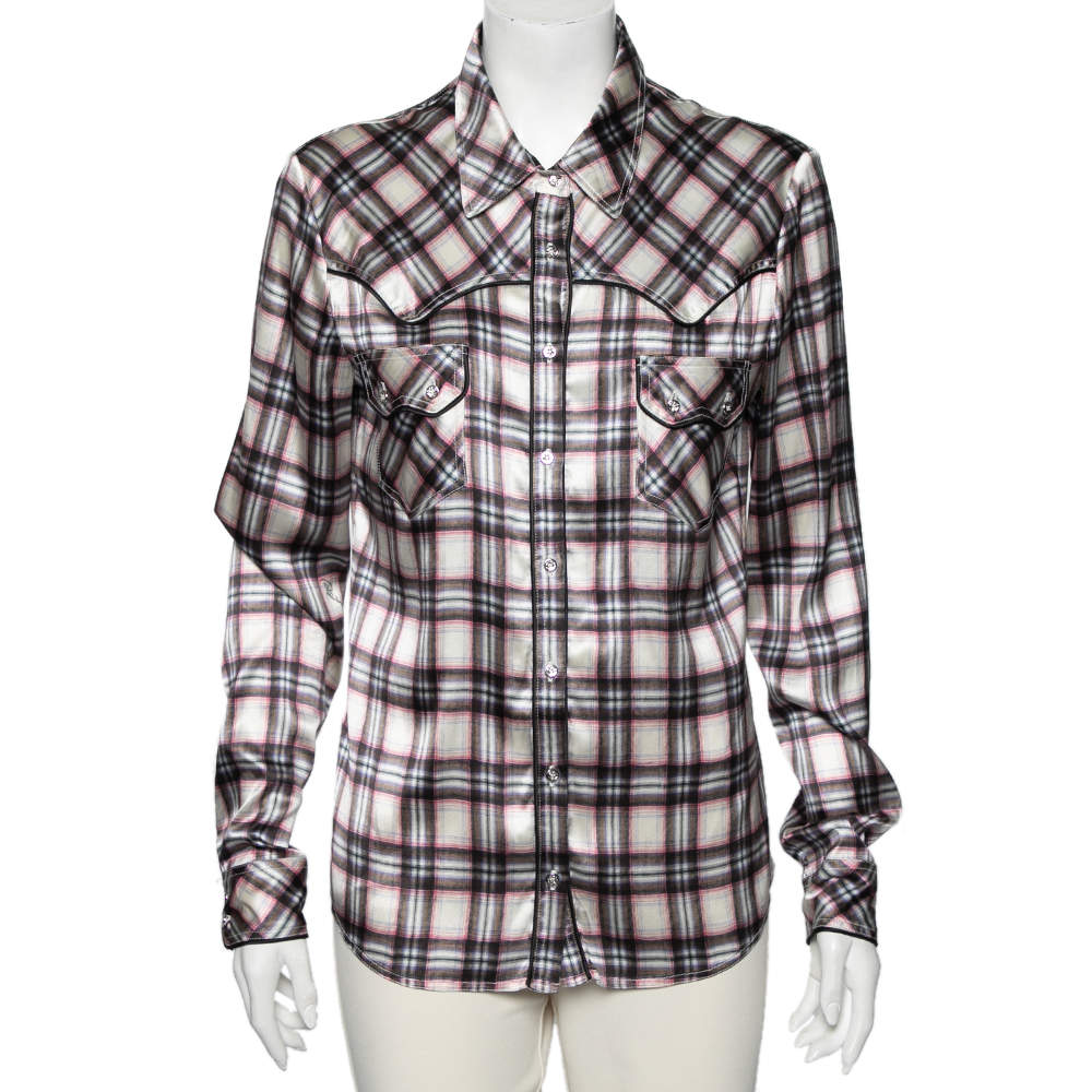 Pre Owned Roberto Cavalli Multicolored Checkered Silk Button Front Shirt L