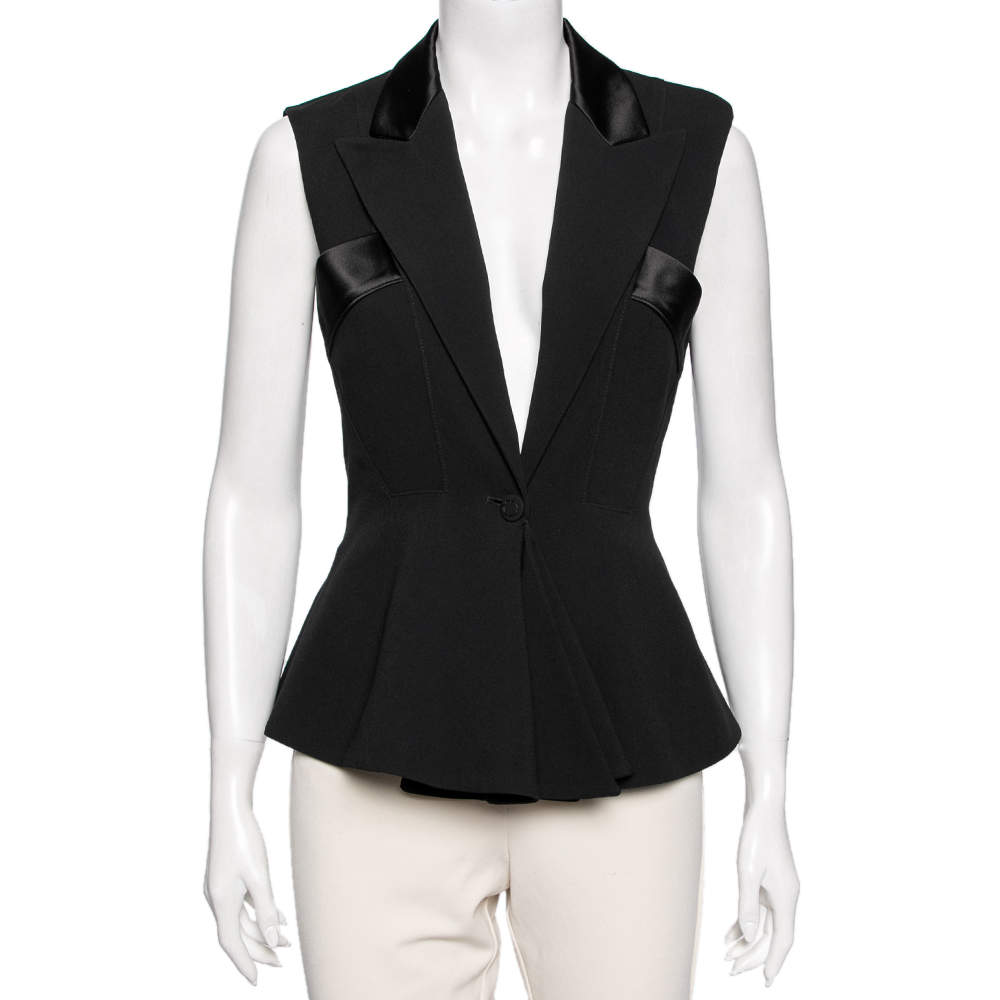 Pre Owned Roberto Cavalli Black Crepe Satin Trim Sleeveless Blazer M