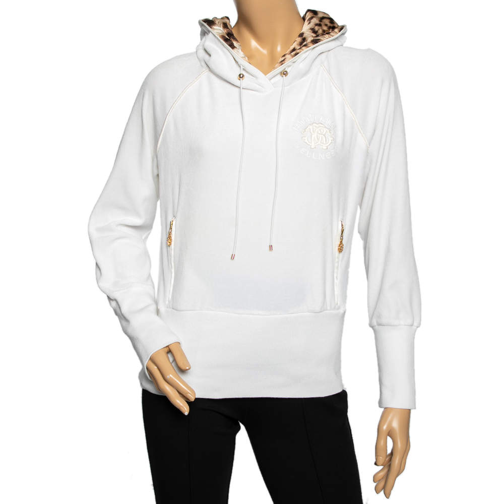 Pre Owned Roberto Cavalli White Velvet Hooded Sweatshirt M